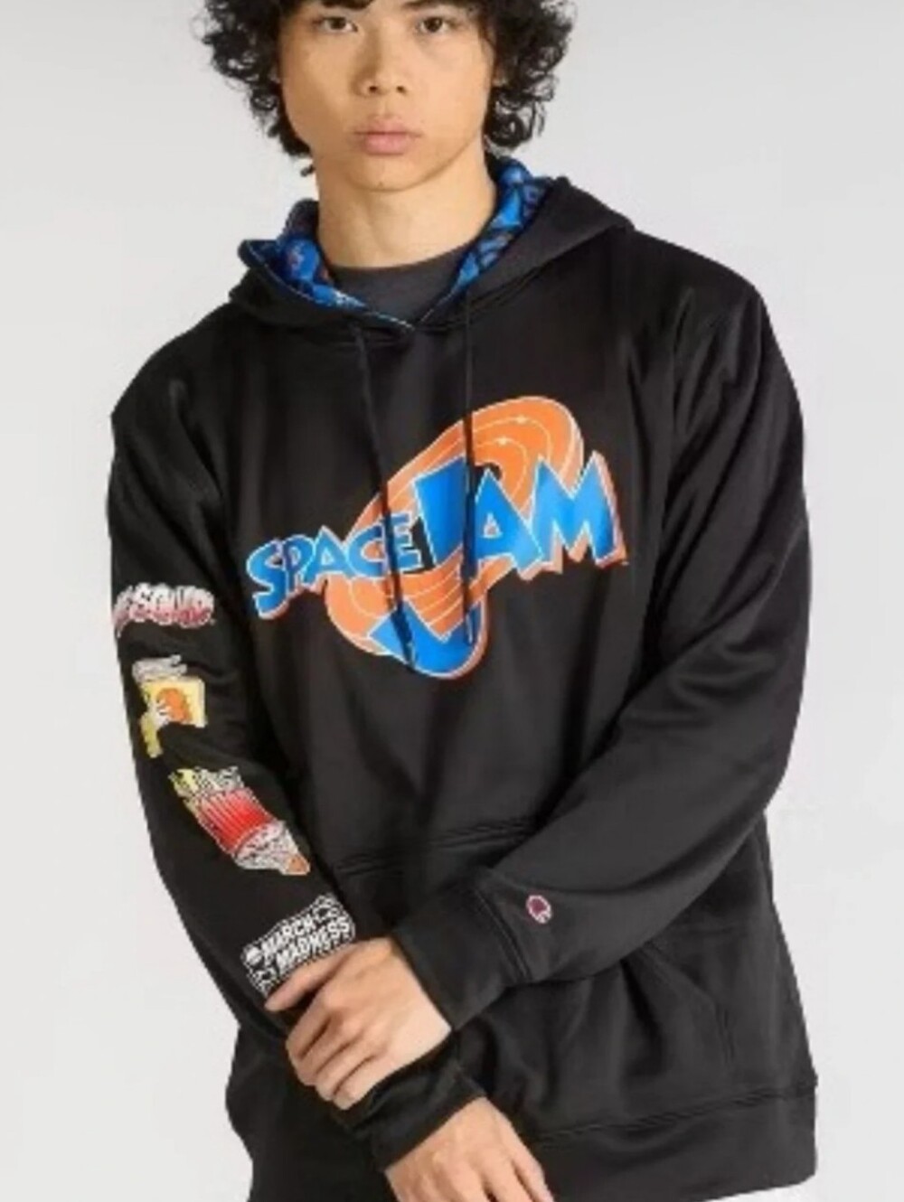 Champion Black Space Jam Logo Pullover Hoodie with Orange & Blue Print